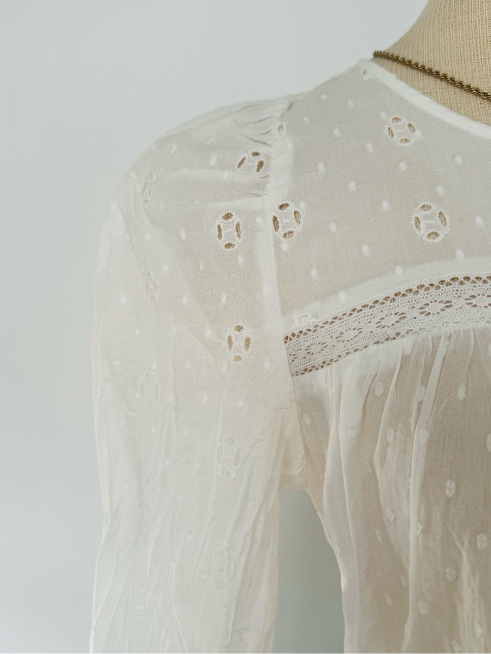 Sheer Swiss Dot Lace Yoke Blouse in Ivory